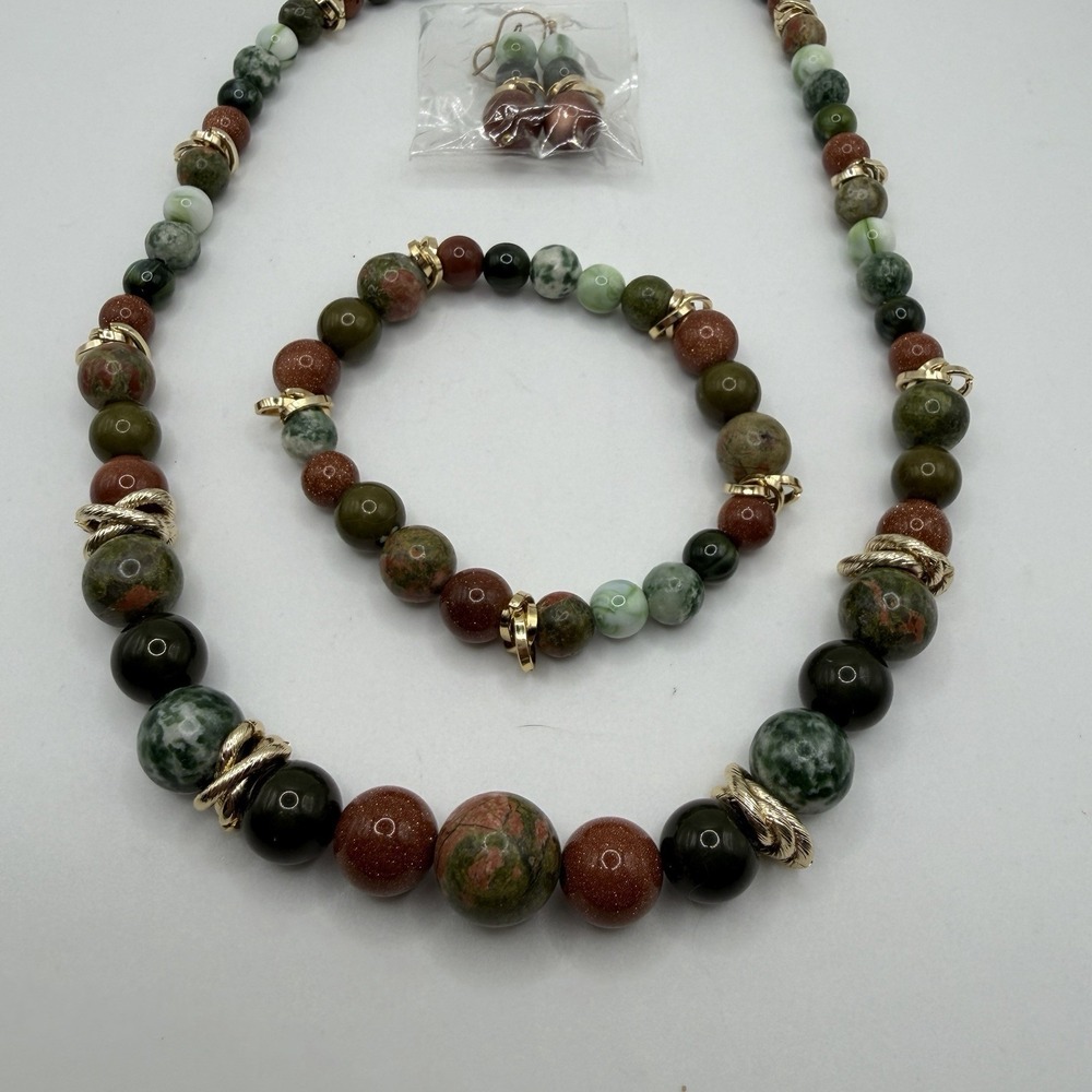 Necklace, Bracelet, Earring Jewelry Set of 3 Beads Green Brown Gold NEW Pierced - Picture 2 of 10
